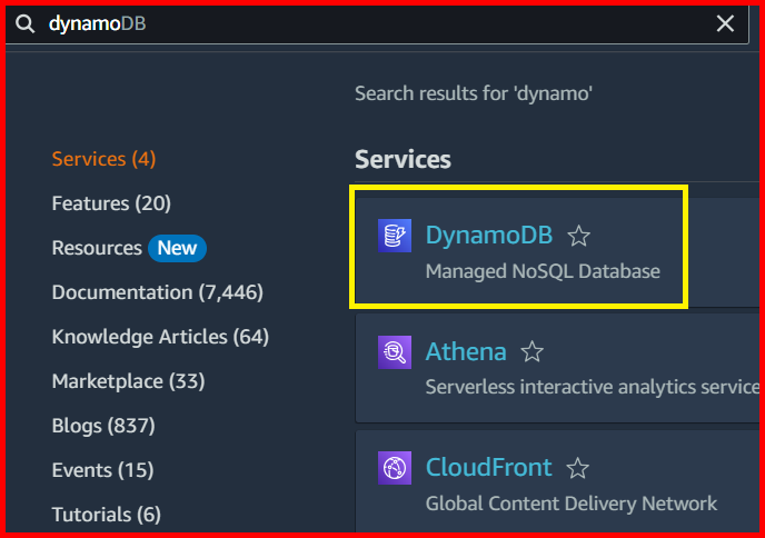 Picture showing the dynamodb service in the search result